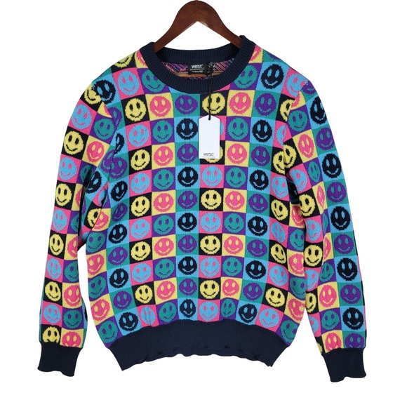 Wesc Other - WESC Leon Pop Smiley Face Sweater Men's Large Knitted Paris Nights Multicolor